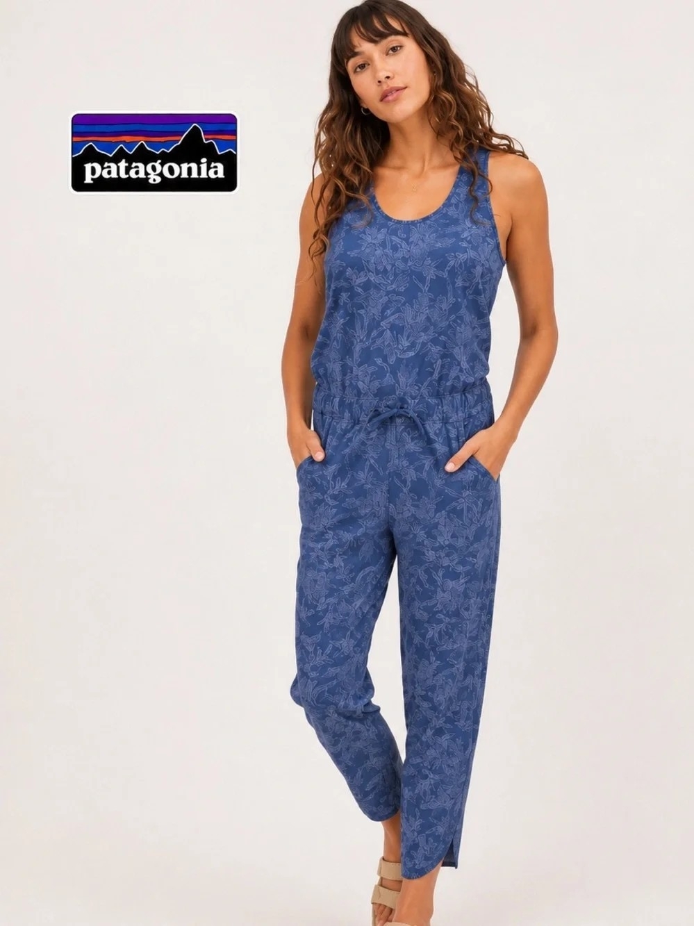 Patagonia Fleetwith Blue Floral Tank Jumpsuit Sz L